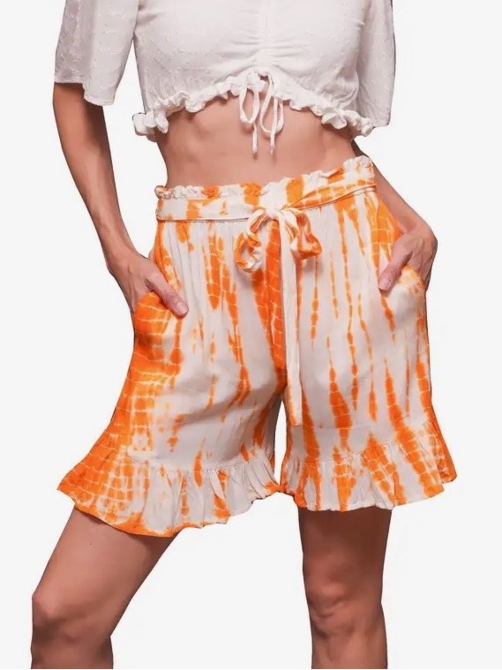 Sacred Threads Orange Tie-Dye Ruffle Hem Shorts